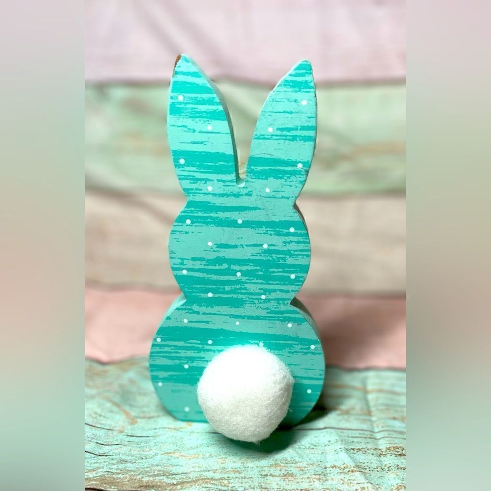 NEW! Cottontail Easter Bunny in Blue Small White Polka Dots Standing Decoration